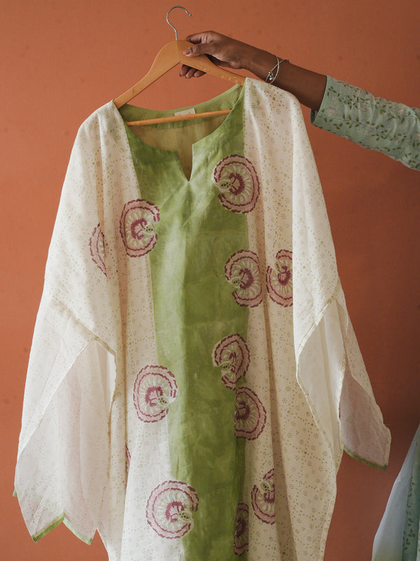 Flowerfall- Sage- Mul Chanderi Semi Stitched Kurta