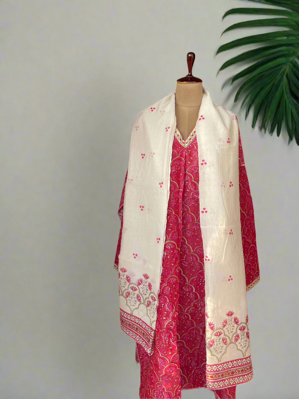 Rozana- Jharokha Crimson- Semi Stitched Kurta- Heavy Chanderi